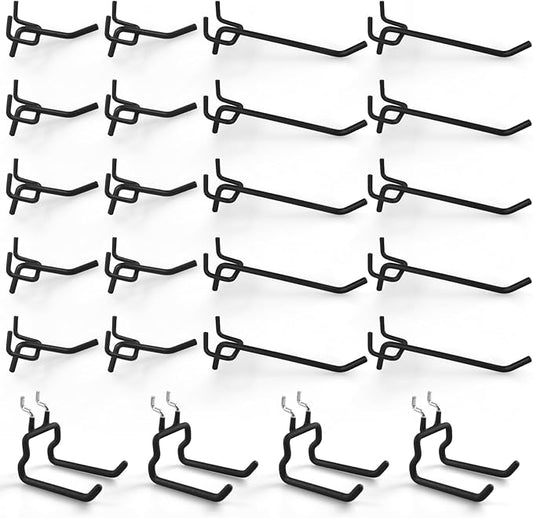 G.CORE 24-Pack Pegboard Hooks, 2" 4" Peg Board Tool Utility Hangers Fit 1/4" Pegboards, Heavy Duty Metal Shelving Brackets, Wall Organizers and Storage for Craft Room Garage Workbench Office (Black)