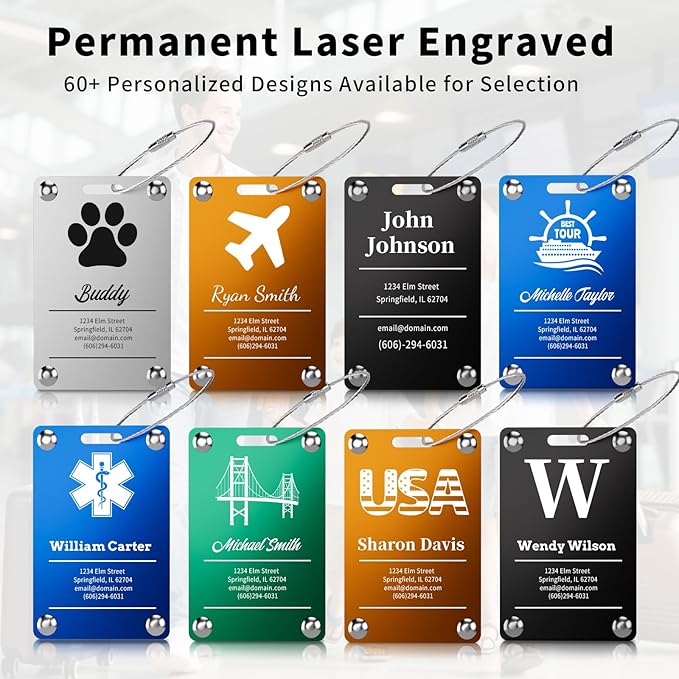 6 Pack Personalized Luggage Tags for Suitcases, Handmade Engraved Stainless Steel Custom Luggage Tags for Cruise Travel with Stainless Loop, Suitcase Identifier Metal Name Baggage Tag
