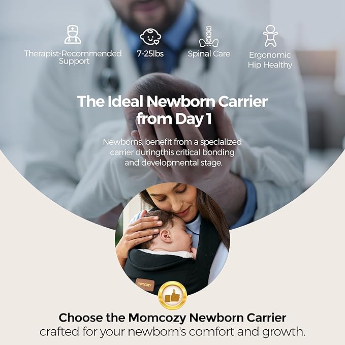 Momcozy Newborn Carrier WeeSnug- Lightweight and Cozy Comfort for 7-25 lbs, Ergonomic Cross-Back Support, Effortless to Put On, Hands-Free Baby Carrier with Lumbar Support, Black