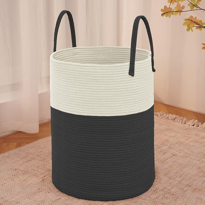 Large Woven Laundry Basket Hamper,80L Cotton Rope Storage Bin for Blankets,Toys and Clothes,Decorative Tall Nursery Hamper for Living Room,Baby Nursery,Bathroom and Bedroom,White and Black