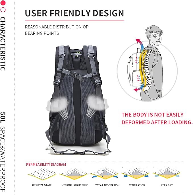 Bseash 50L Hiking Backpack, Water Resistant Lightweight Outdoor Sport Daypack Travel Bag for Camping Climbing Skiing Cycling (Blue - No Shoe Compartment)