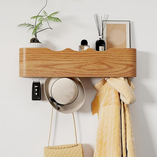 Coat Rack Wall Mount with Shelf 4 Hidden Hooks Modern Wooden Key Holder Entryway Organizer for Hallway Bedroom Bathroom Home Decor Storage for Hanging Coats Hats Bags Towels, Wave-Shape Oak