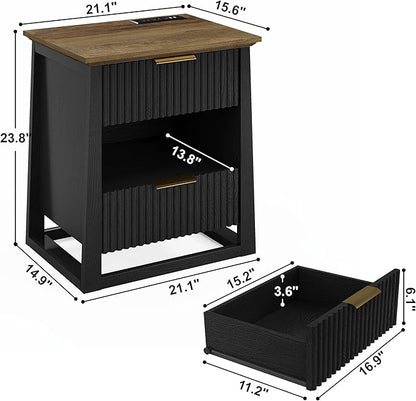 HIFYOBRO Fluted Nightstands Set of 2 with Charging Station & Motion Sensor Light, Modern Bedside Tables with 2 Drawers and Storage Shelf for Bedroom, Black