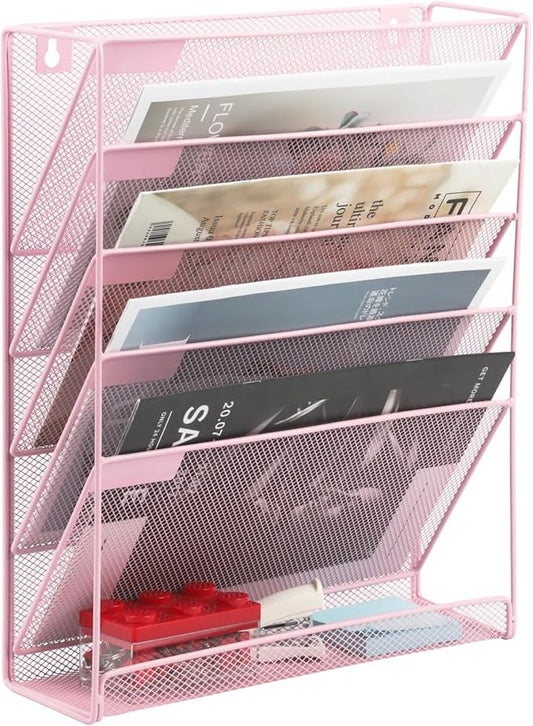 EASEPRES Desk File Organizer Mesh 6-Tier, Hanging Wall Mount Document Organization Stand, Desktop Vertical Mail Paper Folder Holder Rack with Bottom Tray for Office Home Cubicle Countertop, Pink