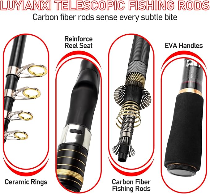 Telescopic Fishing Rod Combo - 2PCS 6.9 7.89FT Collapsible Carbon Fiber Pole Set, Spinning Reel Lures Lines Kits with Carrier Bag for Travel Saltwater Freshwater Fishing Gifts for Adults Beginer
