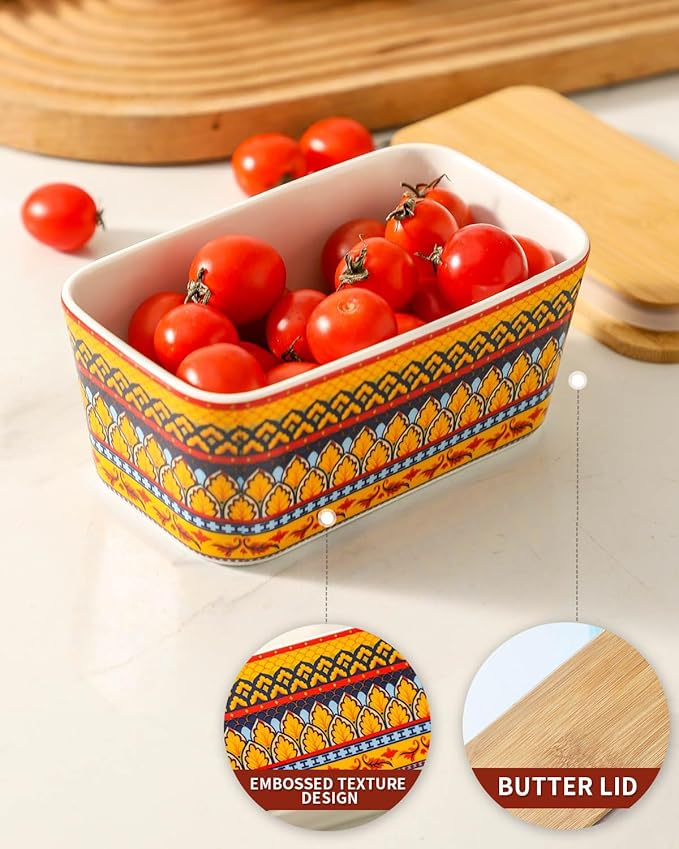 Hasense Bohemian Butter Dish, Farmhouse Ceramic Butter Dish with Lid for Fridge, Butter Container Holder with Cover or Fridge,Silicone Sealing, Holds Two Sticks of Butter, Yellow