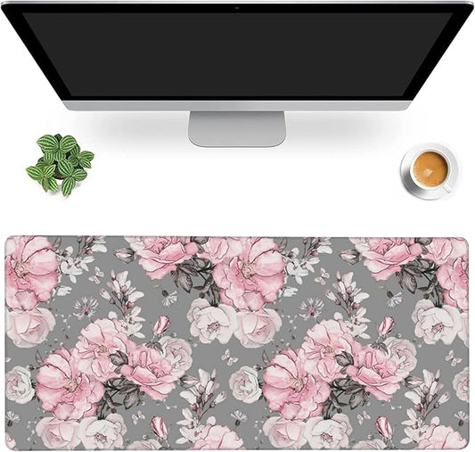 Desk Mat,Flower Rose Gaming Mouse Pad,XXL Extended Mouse Pad Mat for Office,Computer,Keyboard with Non-Slip Base Stitched Eges Mousepad 35.4x15.75 inch