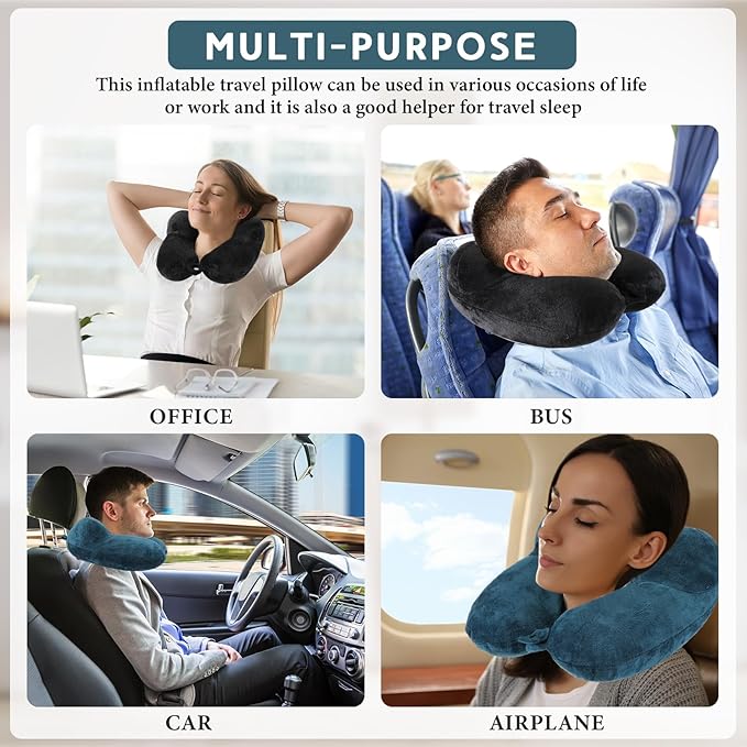 Sintuff 2 Pack Inflatable Travel Pillow for Airplanes Inflatable Neck Flight Pillows with Compact Bag and Blindfold for Traveling, Airplane, Train, Car, Office(Peacock Green and Black)