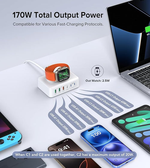 170W USB C Charging Station Block, Travel Charger for Multiple Devices, USB C Charger Plug for iPhone 16 15 14 13 12 Series, Apple Watch Ultra SE 10 9 8 7 6 5 4 3 2, AirPods, MacBook Pro Air, iPad