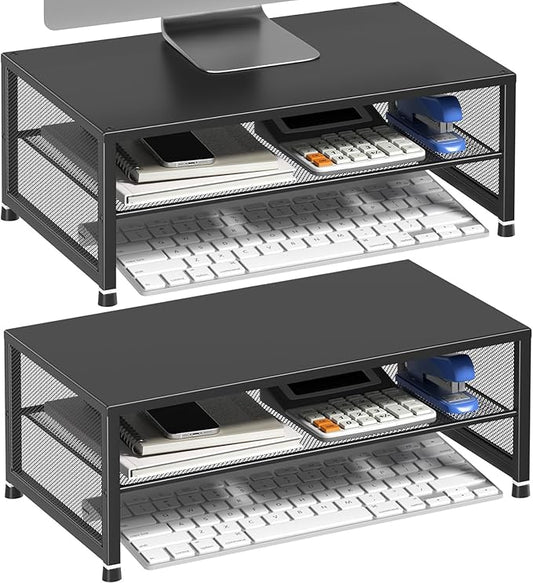 Desk Organizers and Accessories, 2-Tier Metal Computer Monitor Stand Riser, Desk Organizer for Monitor, Printer & Laptop Stand, Desktop Workspace Organizers for Office Supplies(Black 2-Pack)