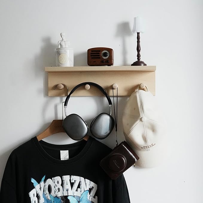 Entrance Coat Rack ，Coat Hooks, Wall-Mounted Wooden Hook Rack, Wall-Mounted Shelves are Very Suitable (Birch Colored Veneer)