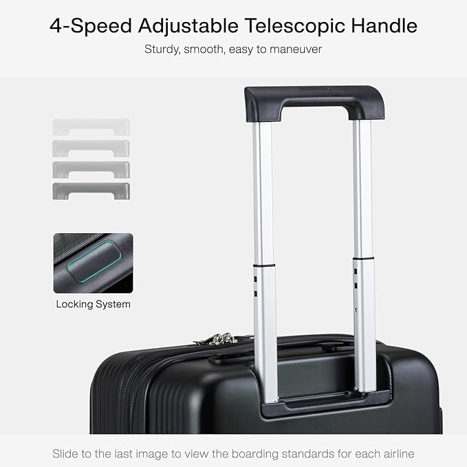 Hanke Grace Expandable Carry On Luggage with Wheels Airline Approved Hard Shell Suitcases with Front Pocket，Top Opening Luggage with TSA Lock for Short Business Travel, Jet Black.
