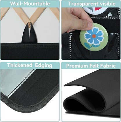 PACMAXI Hanging Badge Button Pin Organizer Display Storage Stand, Enamel Mini Button Pins Display Holder, Hold Up To 32 Pins. (Black-32 Pockets)