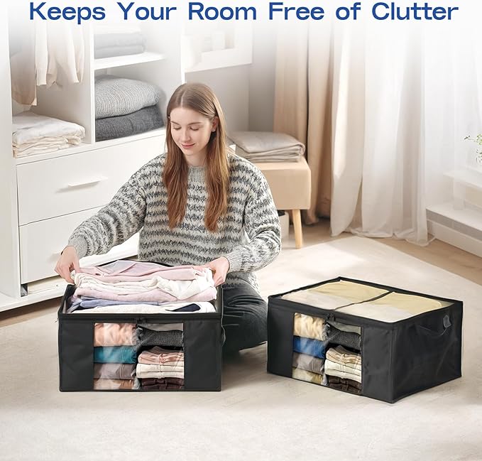 Clothes Storage Bags, Foldable Thick Fabric Blanket Storage Bags, Large Clear Window & Carry Handles, Great for Clothes, Blankets, Closets, Pillows, Toys (Black, 4PACK)