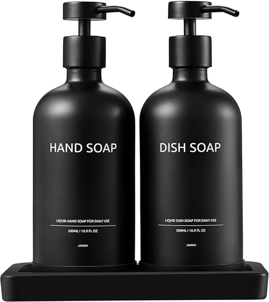 Glass Kitchen Soap Dispenser Set with Ceramic Tray,16.9 floz Hand and Dish Soap Dispenser for Kitchen and Bathroom Decor (Black Bottles +Black Pumps)