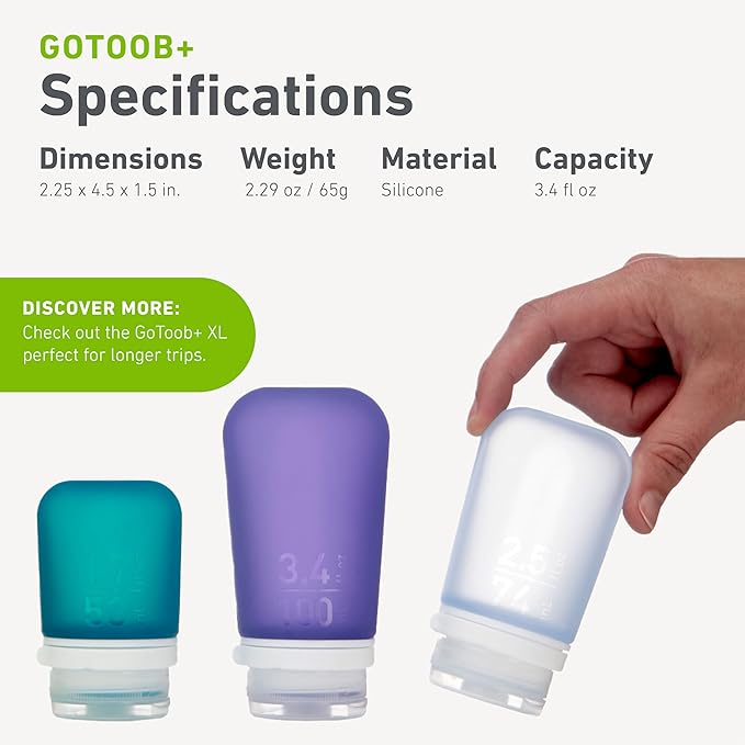 humangear GoToob+ 3-Pack (Large) | Refillable Silicone Travel Bottle | Locking Lid | Food-Safe Material | Mint/Aqua/Teal, Large (3.4 fl.oz.; 100ml)