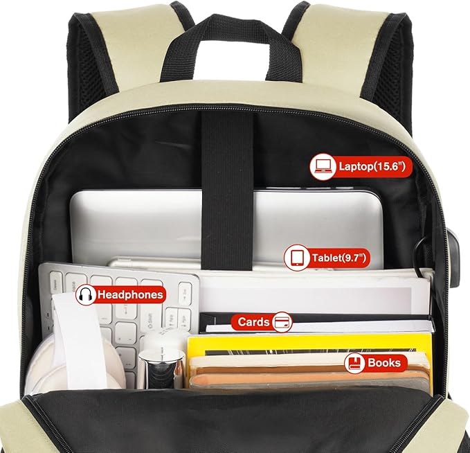 School Backpack,Unisex Classic Bookbag Teens Schoolbag with USB Port for High School College Office Work Travel, 15.6 inch, Beige