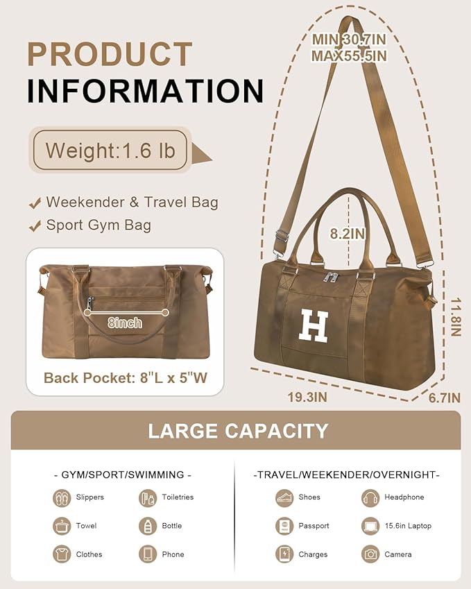 Birthday Graduation Gifts for Daughter,Initial Travel Duffel Bag Sports Gym Bag for Girls Teen Kids Birthday Gifts,Personalized Weekender Bag Carry On Tote Bags Cute Overnight Bag for Women(Brown, H)