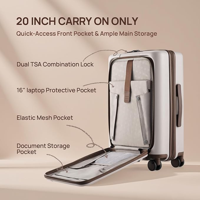 NINETYGO Carry On Luggage 22x14x9 Airline Approved, 20 Inch Suitcase with Front Compartment & Cup Holder, Coffee-Infused PC Hard Shell, Eco-Friendly, TSA Lock, 360° Spinner Wheels (Americaco)