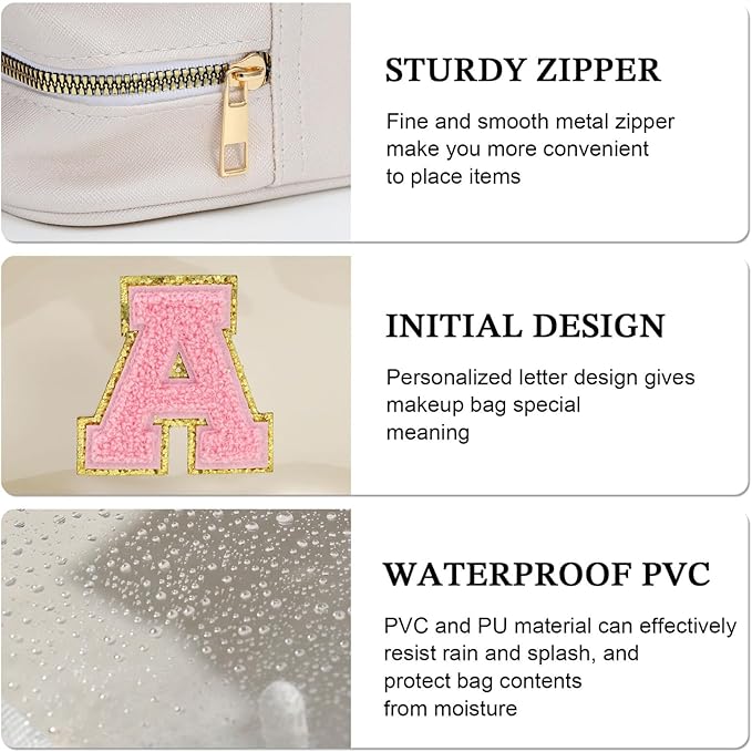 YOOLIFE Initial Make Up Bag Travel Toiletry Bag, Clear Makeup Bag Preppy Cosmetic Bags Organizer Travel Essentials Gifts for Women Teen Girlfriend Teacher Mom Brithday Mothers Day Gifts, Large, White