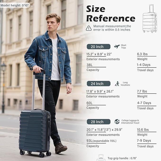 Coolife Carry On Luggage Airline Approved with Wheels Hard Shell Suitcase Spinner TSA Lock Telescopic Handle 20-inch,Blue