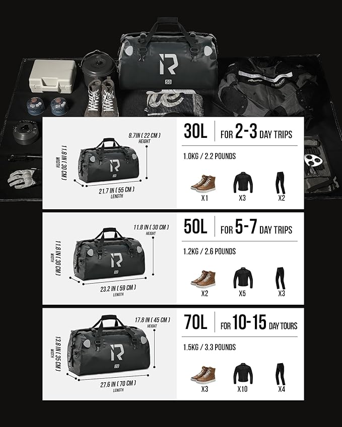IRON JIA'S Motorcycle Dry Bag - Waterproof Duffle & Luggage Tail Bag Saddle Bags with Roll Top Closure, Shoulder Straps, Inner Pocket and Mesh Pocket (Black, 30L)