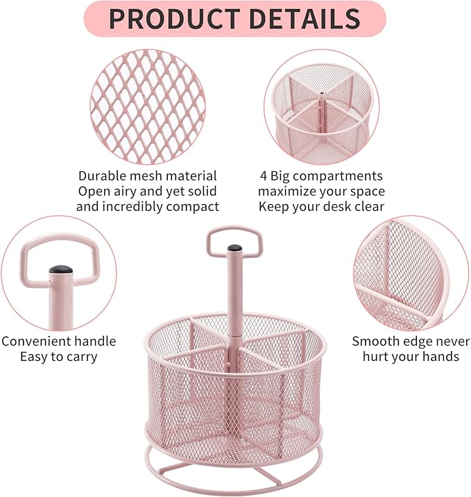 Marbrasse Mesh Desk Organizer, 360-Degree Rotating Multi-Functional Pen Holder, 4 Compartments Desktop Stationary Organizer, Home Office Art Supply Storage Box Caddy (Pink)