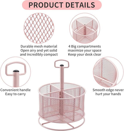 Marbrasse Mesh Desk Organizer, 360-Degree Rotating Multi-Functional Pen Holder, 4 Compartments Desktop Stationary Organizer, Home Office Art Supply Storage Box Caddy (Pink)