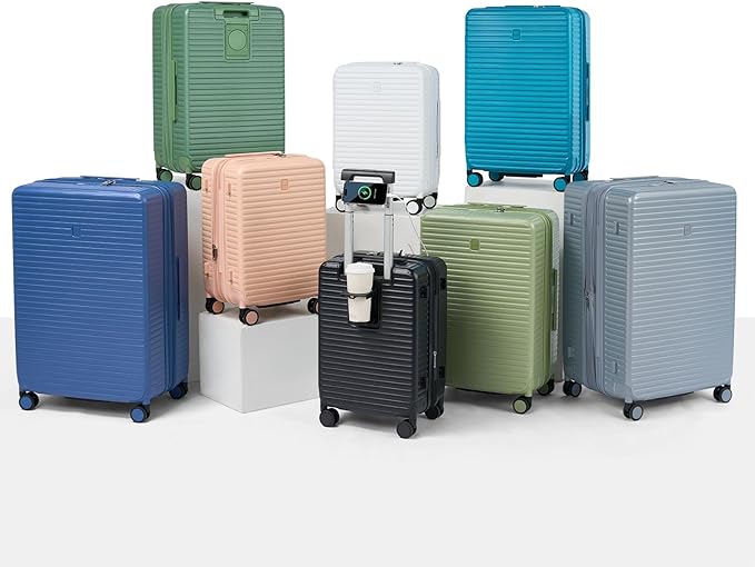 Hard Shell Suitcases Travel Expandable Luggage, 24 Inch Check in Luggage with Spinner Wheels Cup Holder Charger Built in, Checked Medium Suitcase Lightweight Suitcases, White