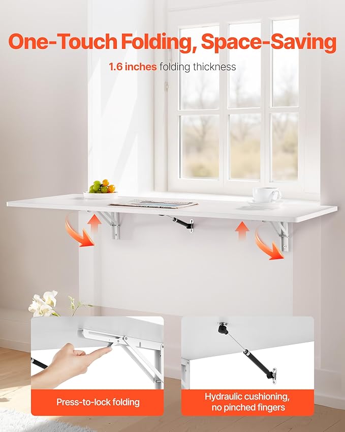 VEVOR Wall Mounted Folding Table, 43.3 x 18 inches Wall Mount Table, Floating Desk with Iron Bracket, Fold Down Desk for Small Spaces, Home Office, Dining, Laundry Room, Kitchen, Bar, White