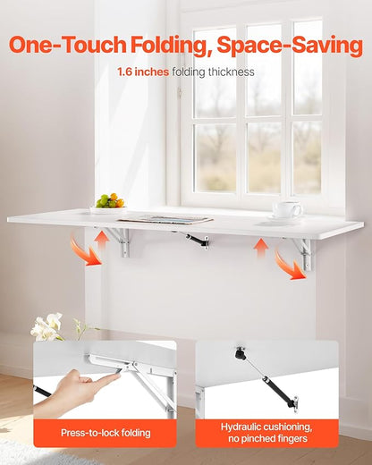 VEVOR Wall Mounted Folding Table, 43.3 x 18 inches Wall Mount Table, Floating Desk with Iron Bracket, Fold Down Desk for Small Spaces, Home Office, Dining, Laundry Room, Kitchen, Bar, White