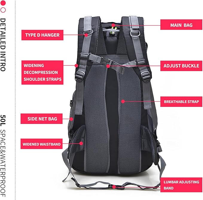 Bseash 50L Hiking Backpack, Water Resistant Lightweight Outdoor Sport Daypack Travel Bag for Camping Climbing Skiing Cycling (Blue - No Shoe Compartment)