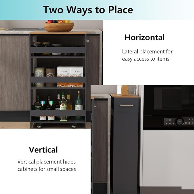 POWERSTONE 4-Tier Slim Storage Cart, Narrow Kitchen Rolling Cart w/Handle & Open Shelves, Skinny Slide Out Utility Organizer Trolley for Kitchen Bathroom Laundry Small Spaces Black & Natural