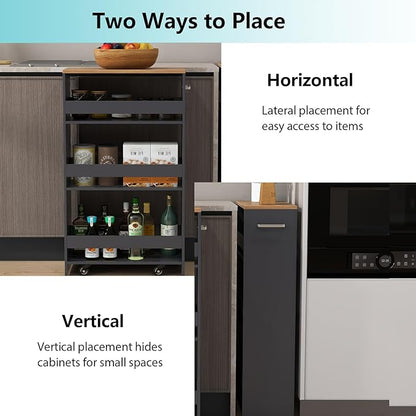 POWERSTONE 4-Tier Slim Storage Cart, Narrow Kitchen Rolling Cart w/Handle & Open Shelves, Skinny Slide Out Utility Organizer Trolley for Kitchen Bathroom Laundry Small Spaces Black & Natural