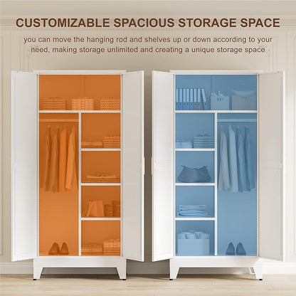 71" Tall Metal Wardrobe Closet with Adjustable Shelves and Hanging Rod, 2 Doors Office Storage Locker Cabinet for Home, Office, Bedroom, Laundry Room, White