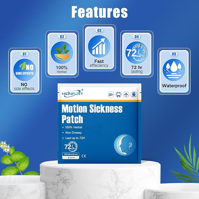 64ct Motion Sickness Patches – Sea Sickness Patches for Cruise, Car, Airplane, and Other Travel – Non-Drowsy, Effective, Lasts 72 Hours