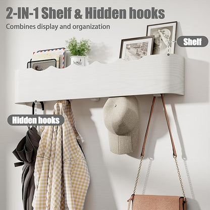 Coat Rack Wall Mount with Shelf 4 Hidden Hooks Modern Wooden Key Holder Entryway Organizer for Hallway Bedroom Bathroom Home Decor Storage for Hanging Coats Hats Bags Towels, Wave-Shape White