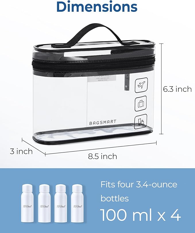 BAGSMART TSA Approved Toiletry Bag, 2 Pack Clear Makeup Cosmetic Bag Organizer, Quart Size Travel Bag for Toiletries, Carry-on Travel Accessories Essentials, Black-2pcs