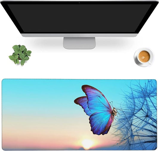 Gaming Mouse Mat Morpho Butterfly and Dandelion Large Mouse Pad Extended Mouse Pad Desk Mat Non-Slip Rubber Base Mice Pad Desk Pad for Office Game Home 35.4x15.75 in