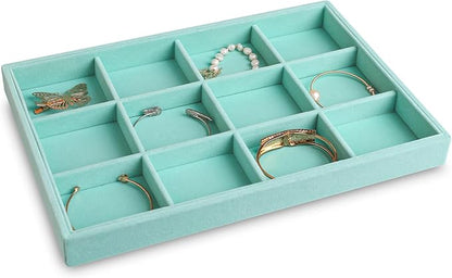 Frebeauty Stackable Velvet Jewelry Organizer Trays for Drawers Inserts Jewelry Storage Tray Display Case, Stud Earrings Bracelets Necklace Rings Accessories Trays for Women(Set of 4)(Turquoise)