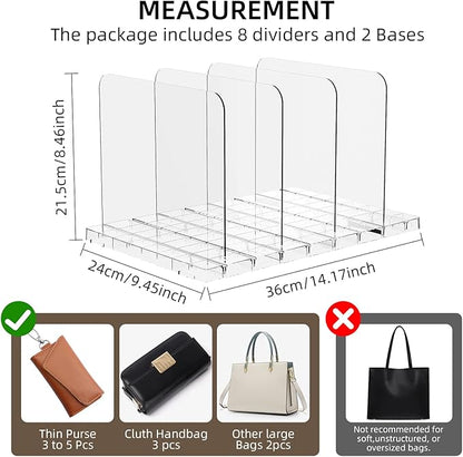 Bag & Purse Organizer for Closet Stackable Acrylic Shelf Dividers for Closet Organization, Clear Handbag Purse Storage Organizer Divider, Keep Clutch, Wallet, Pocketbook Upright, 2 Pack