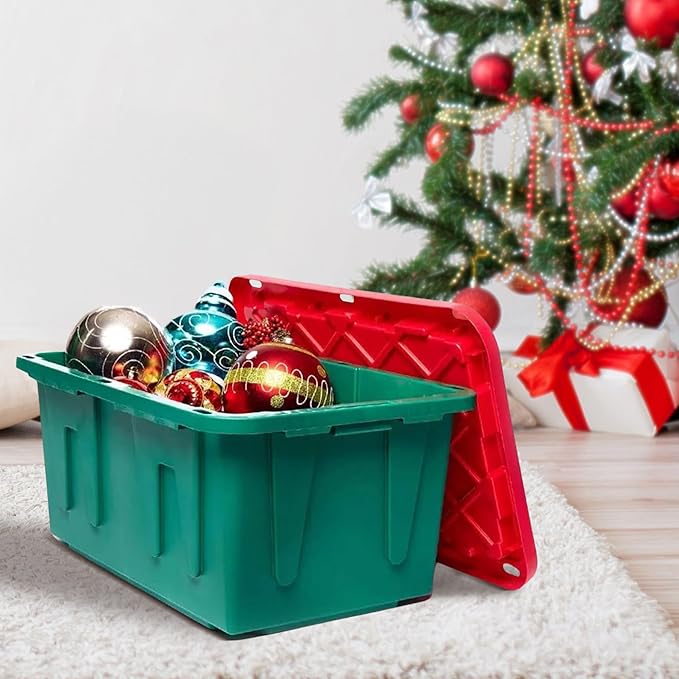 HOMZ 4-Pack Durabilt, Heavy Duty Plastic Storage Bins with Lids, 27 Gallon, Red/Green - Stackable Container Boxes for Holiday, Attic, and Garage Organization