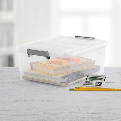 (3 Pack) 12.7 Quart Clear Plastic Modular Storage Containers with Write-On Label Latches - Gray Stackable Organizer Boxes for Home, Office, Closet, Garage & Pantry Organization