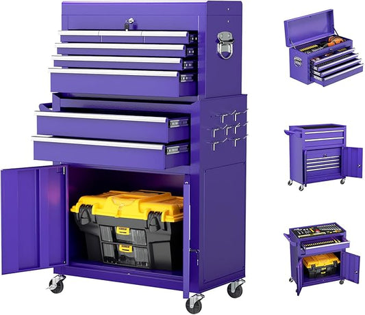 8-Drawer Rolling Tool Chest with Lock, Detachable Tool Cabinet Cart with Wheels, High-Capacity Mechanic Tool Organizer for Garage Workshop Warehouse Storage(Purple)