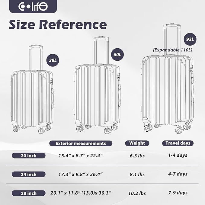 Coolife Luggage Expandable(only 28") Suitcase PC+ABS Spinner 20in 24in 28in Carry on (white grid new, S(20in)_carry on)