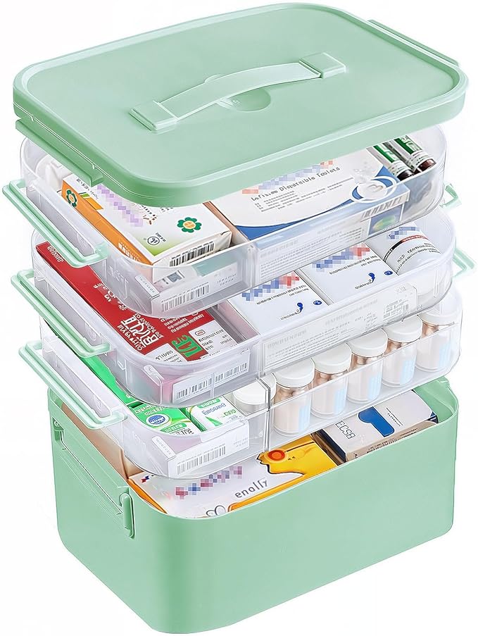 4-Tier Portable Medicine Cabinet Organizer, Large Medicine Storage Box with Handle, Plastic First Aid Box Empty, Multipurpose Medical Supply Organizer, Medication Storage with 3 Removable Tray (Green)