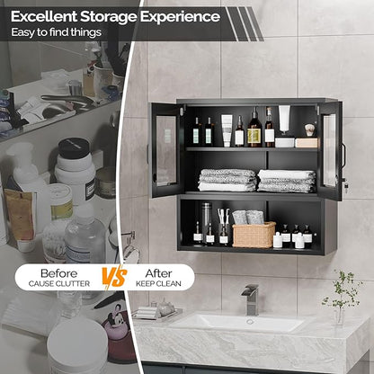 VINGLI Metal Wall Cabinet with Locking Glass Doors & Magnetic LED Sensor Light, Adjustable Shelf, Wall Mounted Storage Display Cabinets for Garage, Kitchen, Home Office, Warehouse, Living Room, Black