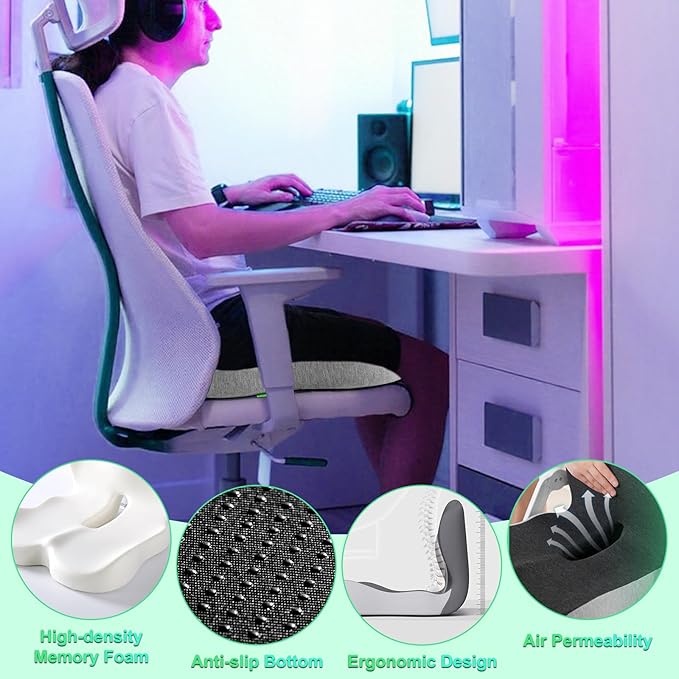 Buttocks Cushion for Office Chair Memory Foam Seat Pad for Butt Support Tailbone Relief Ergonomic Chair Cushion for Home Car Travel or Work (Army Green)