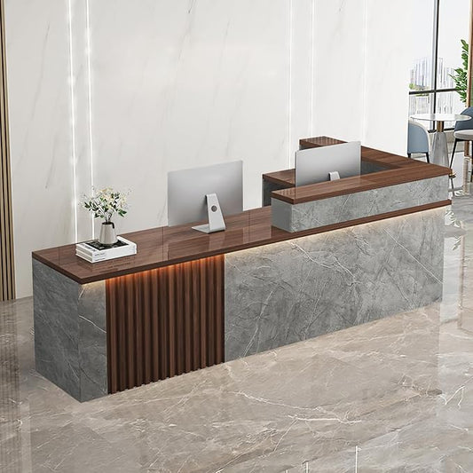 Receptionist Desk with LED Light，Wooden Salon Checkout Counter with Storage Drawer & Keyboard Tray Modern L-Shaped Reception Desk for Barbershop Office Company Store
