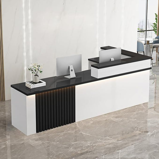 Receptionist Desk with LED Light，Wooden Salon Checkout Counter with Storage Drawer & Keyboard Tray Modern L-Shaped Reception Desk for Barbershop Office Company Store